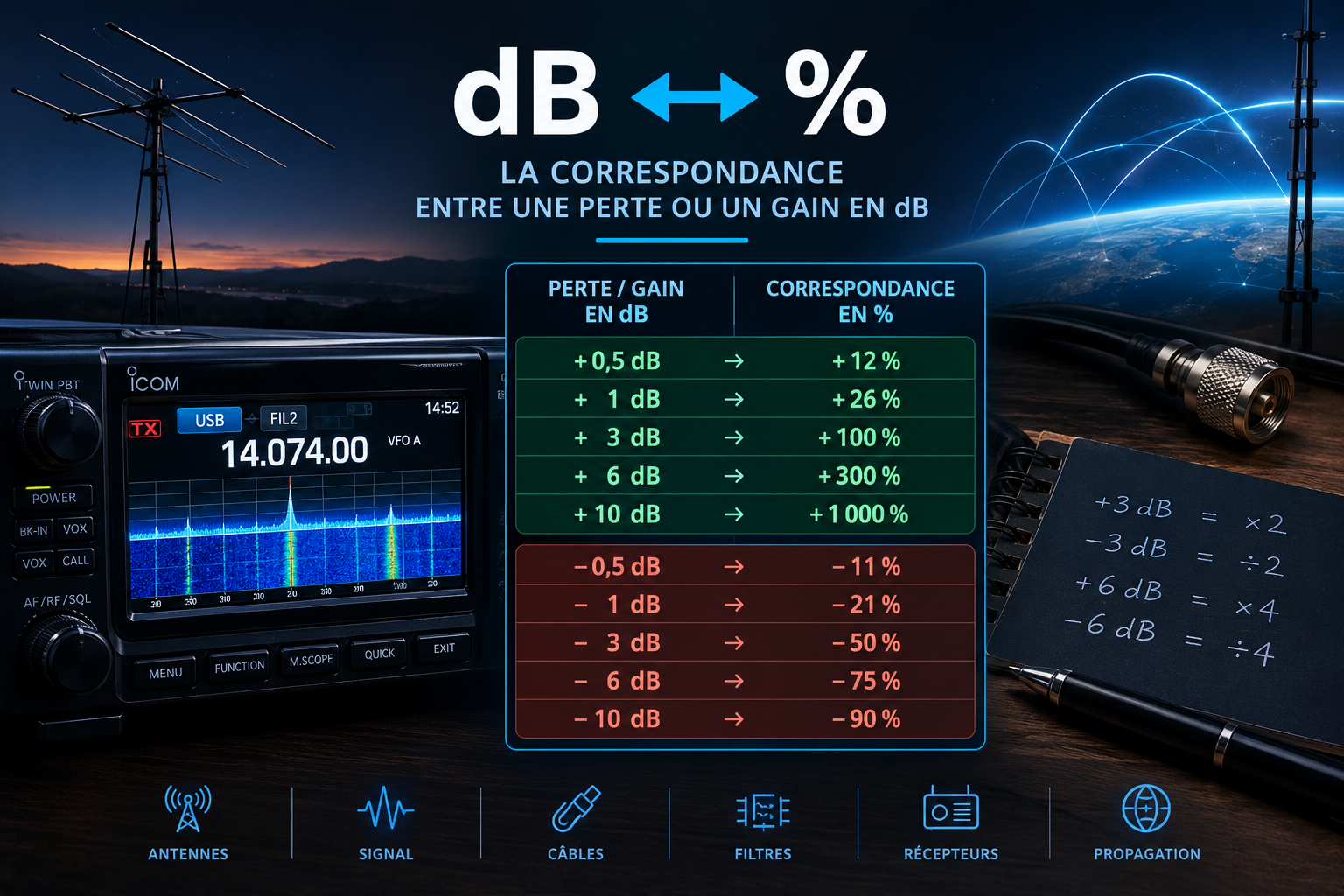 Correspondance entre une perte ou un gain en dB et %