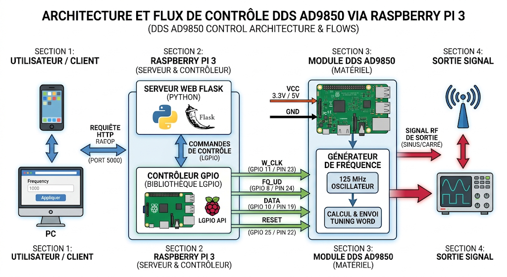 Architecture et flux DDS AD9850 sur Raspberry PI et serveur Web